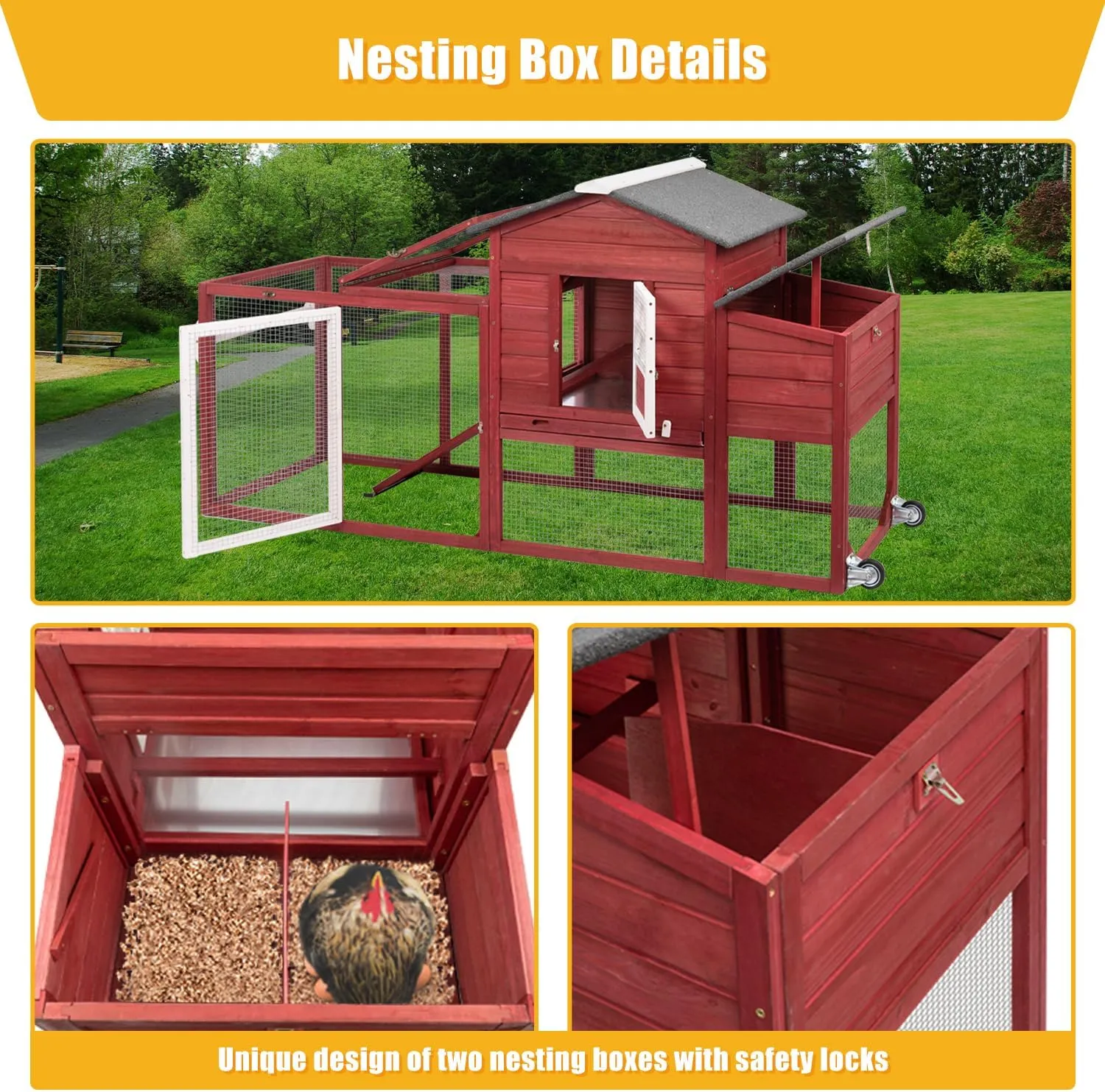 Wooden Chicken Coop Cage Outdoor Indoor Hen House with Nesting Box, Waterproof Roof, Removable Tray for Poultry Pets Enclosure Garden Backyard (RED)