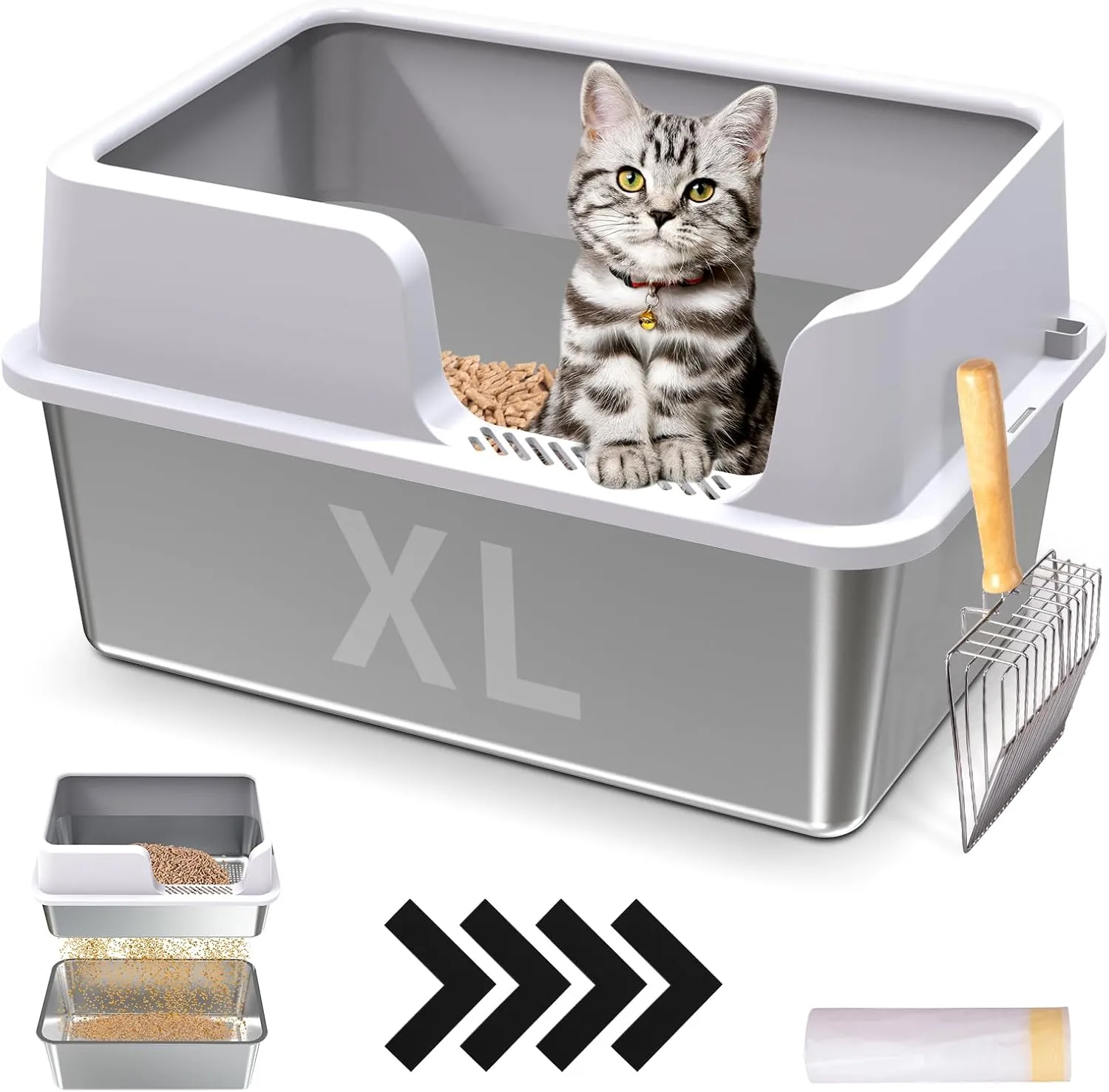 XL Stainless Steel Sifting Cat Litter Box with Sifting Box & Bottom Pan, Sifting Cat Litter Pan High Side, No Mess, Nnti-Odor, Easy to Clean, Metal Cat Litter Box with 1 Metal Scooper & 10 Liners