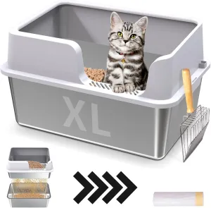 XL Stainless Steel Sifting Cat Litter Box with Sifting Box & Bottom Pan, Sifting Cat Litter Pan High Side, No Mess, Nnti-Odor, Easy to Clean, Metal Cat Litter Box with 1 Metal Scooper & 10 Liners